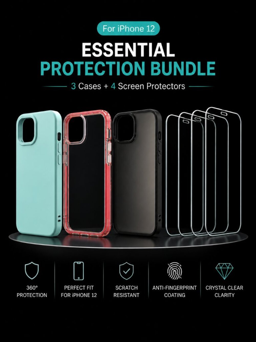 iPhone 12 Protection Bundle, 3 Cases + 4 Screen Protectors Set